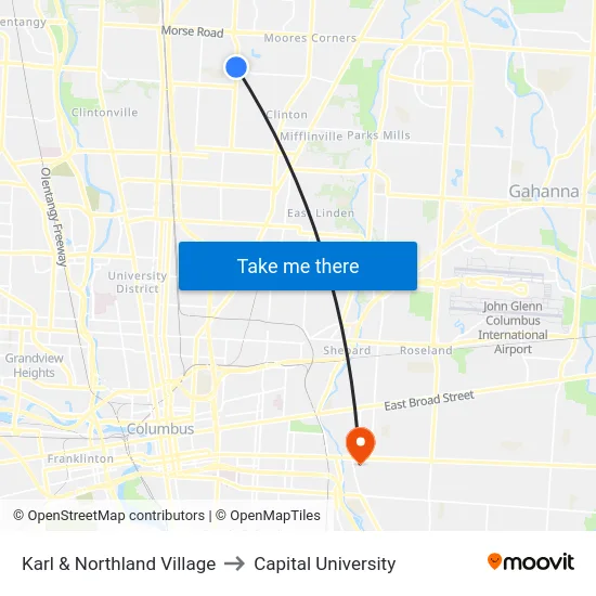 Karl & Northland Village to Capital University map