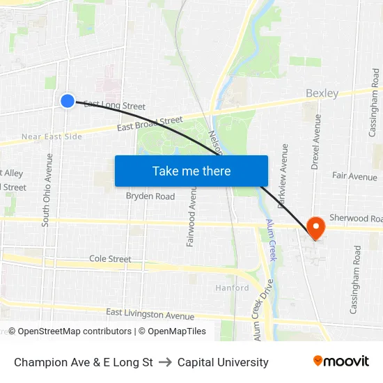 Champion Ave & E Long St to Capital University map