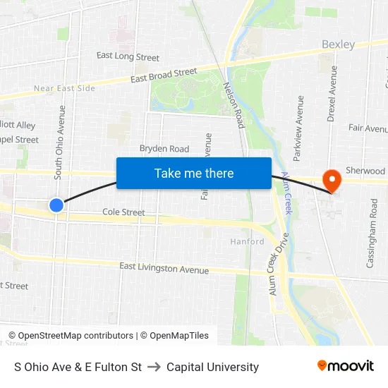 S Ohio Ave & E Fulton St to Capital University map