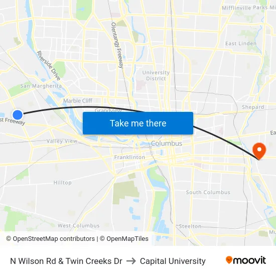N Wilson Rd & Twin Creeks Dr to Capital University map