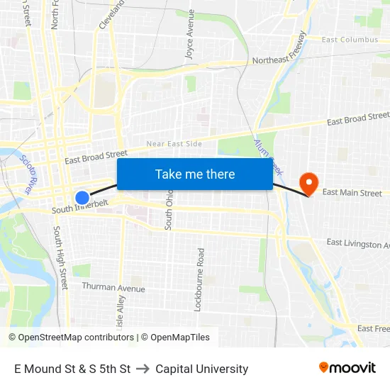 E Mound St & S 5th St to Capital University map