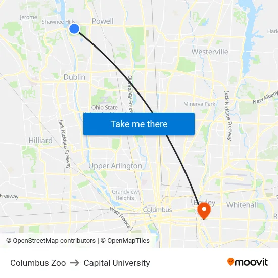 Columbus Zoo to Capital University map