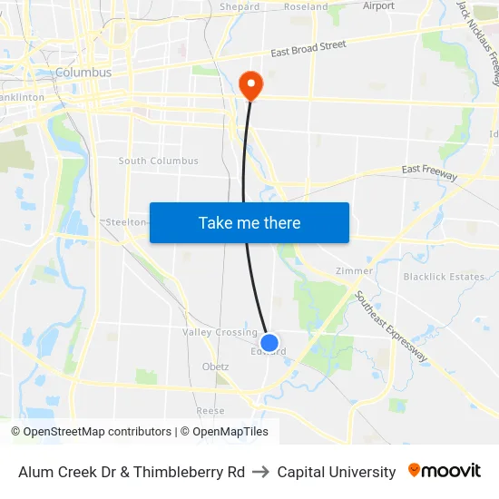 Alum Creek Dr & Thimbleberry Rd to Capital University map