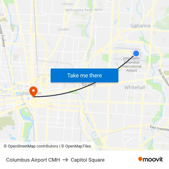 Columbus Airport CMH to Capitol Square map