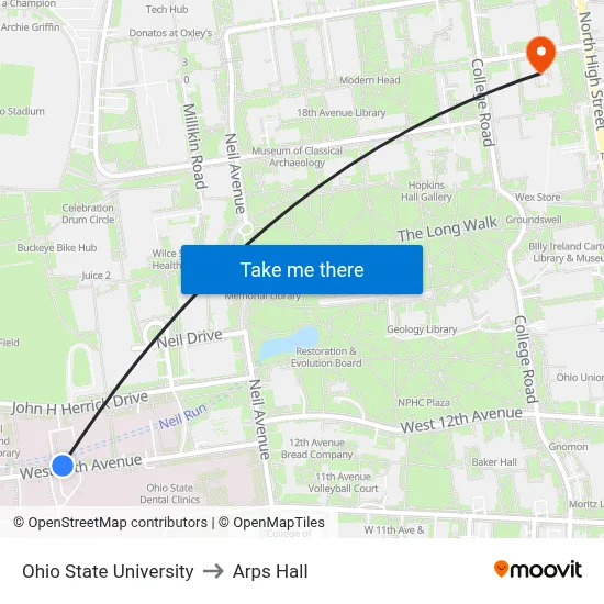 Ohio State University to Arps Hall map
