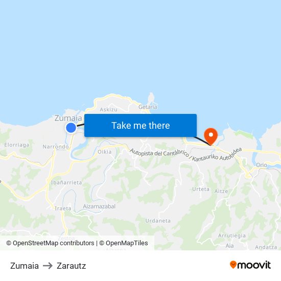 Zumaia to Zarautz map