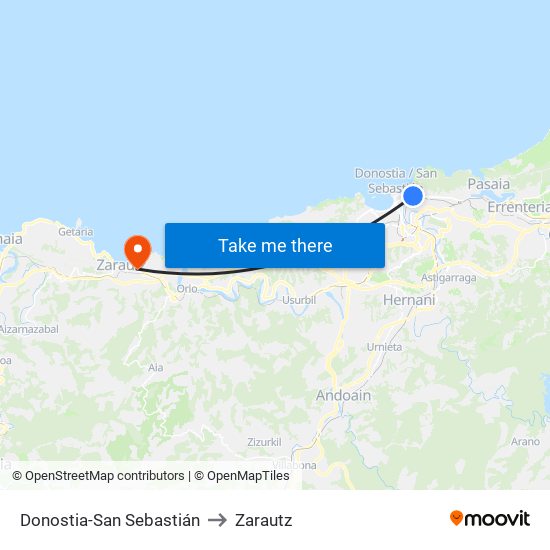 Donostia-San Sebastián to Zarautz map