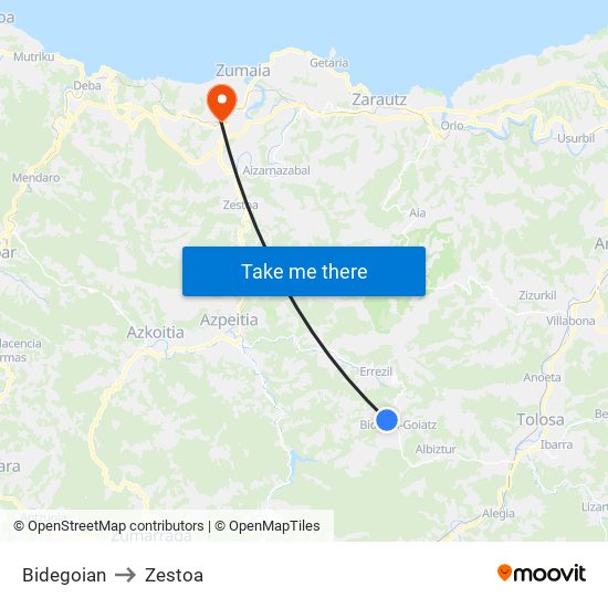 Bidegoian to Zestoa map
