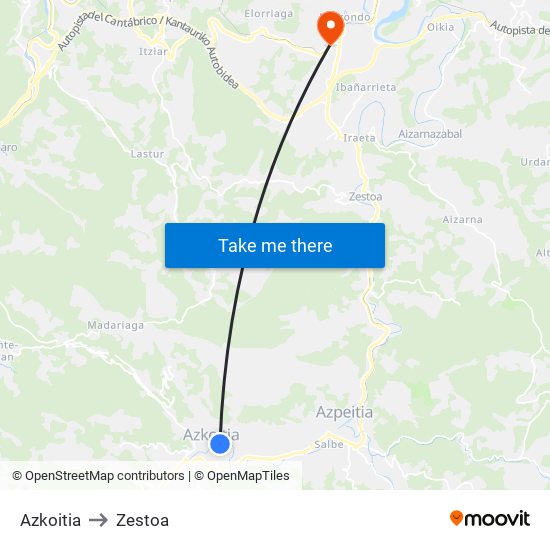 Azkoitia to Zestoa map