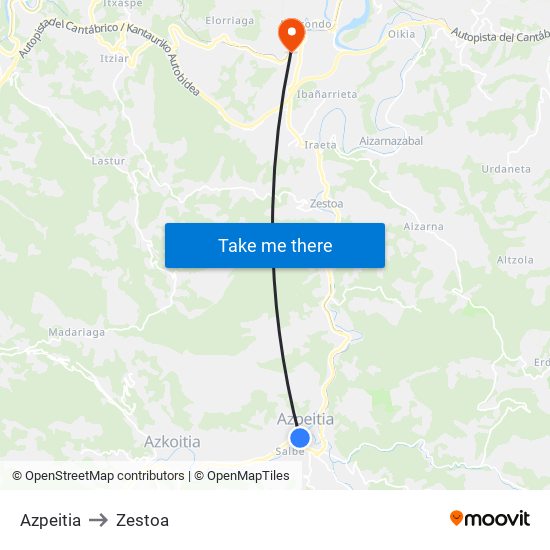 Azpeitia to Zestoa map