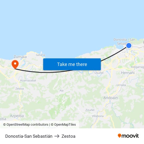 Donostia-San Sebastián to Zestoa map