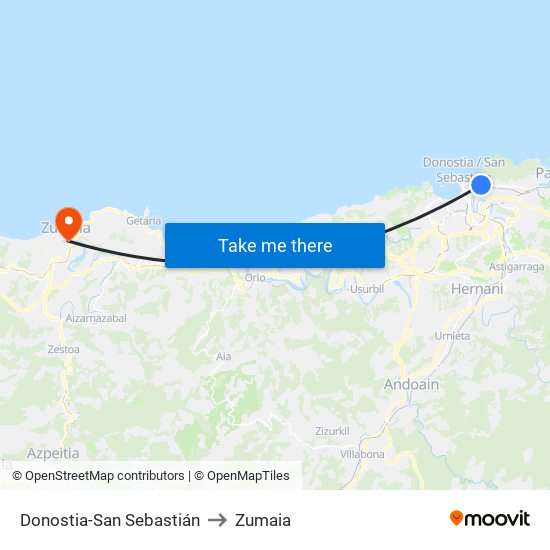 Donostia-San Sebastián to Zumaia map