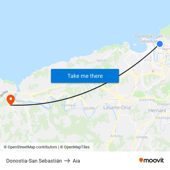 Donostia-San Sebastián to Aia map