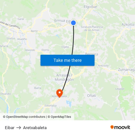 Eibar to Aretxabaleta map