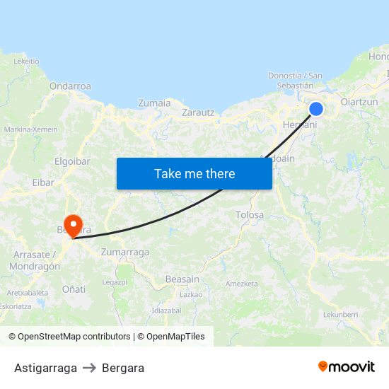 Astigarraga to Bergara map