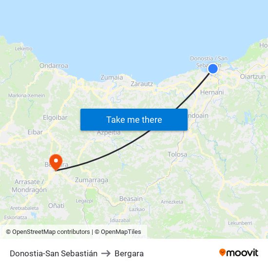 Donostia-San Sebastián to Bergara map