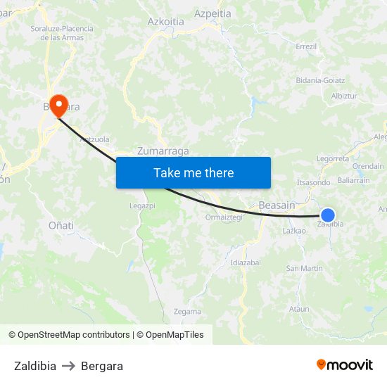 Zaldibia to Bergara map