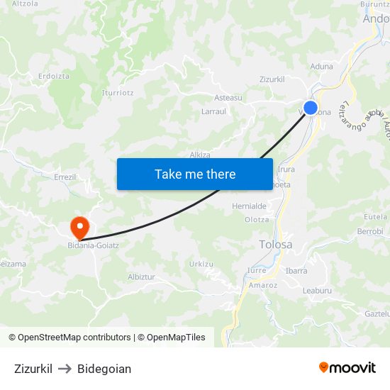 Zizurkil to Bidegoian map