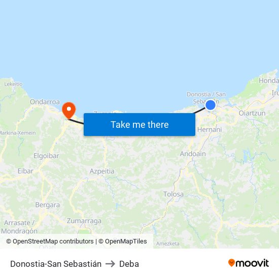 Donostia-San Sebastián to Deba map