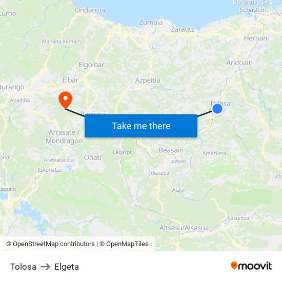 Tolosa to Elgeta map