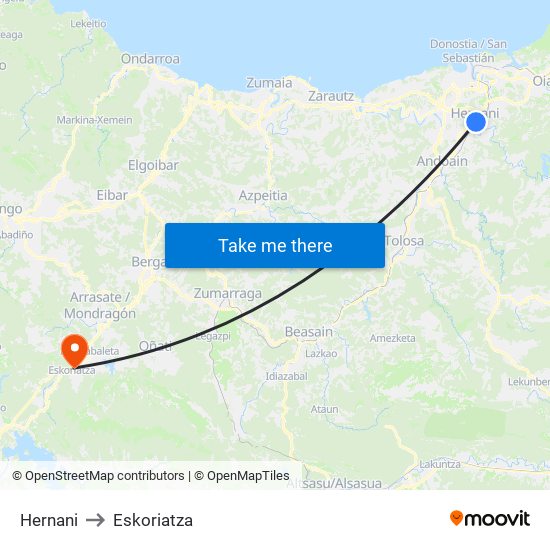 Hernani to Eskoriatza map
