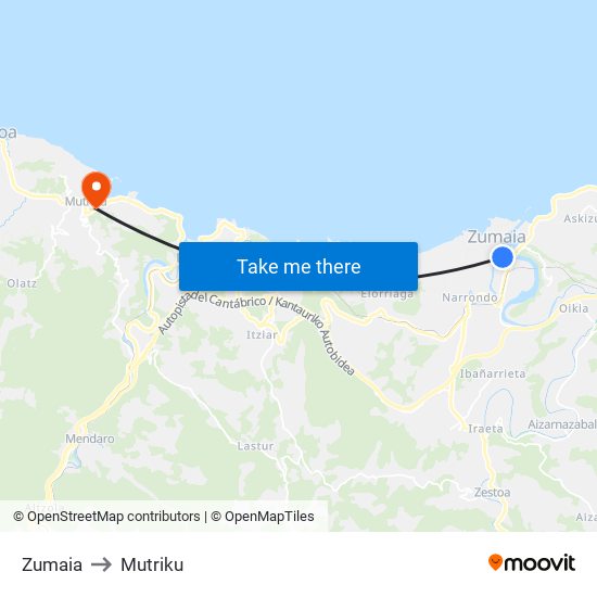 Zumaia to Mutriku map