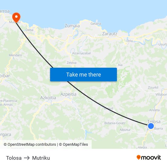 Tolosa to Mutriku map