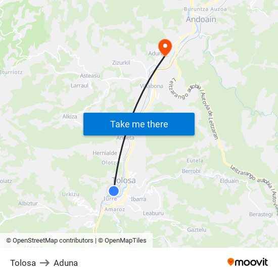 Tolosa to Aduna map