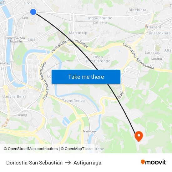 Donostia-San Sebastián to Astigarraga map