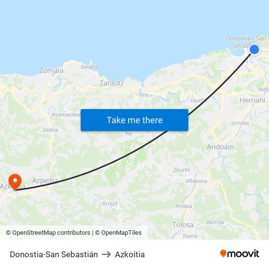 Donostia-San Sebastián to Azkoitia map