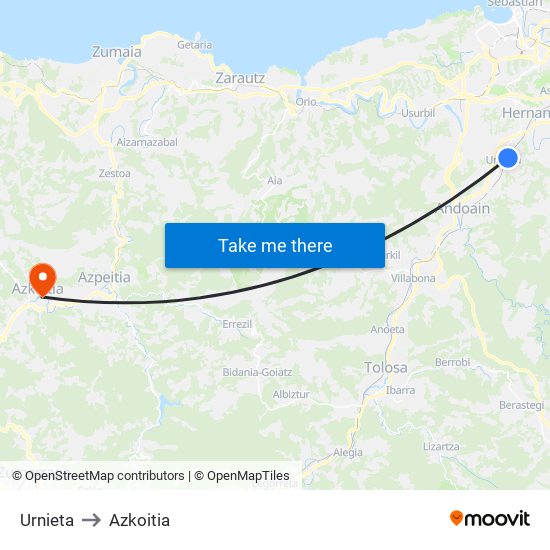 Urnieta to Azkoitia map