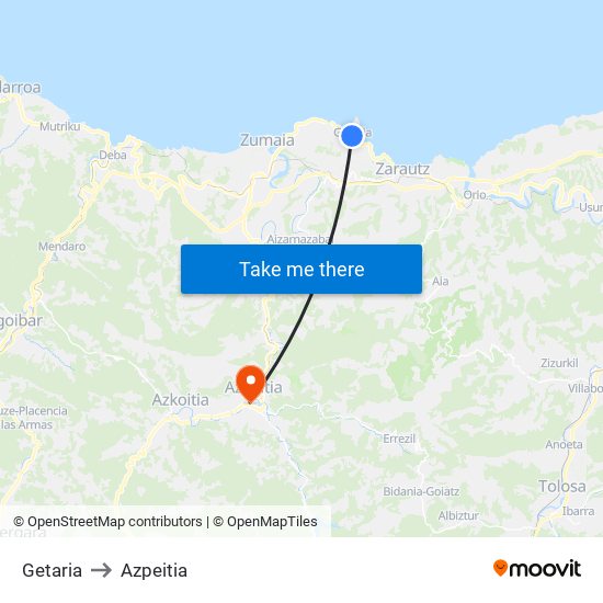 Getaria to Azpeitia map