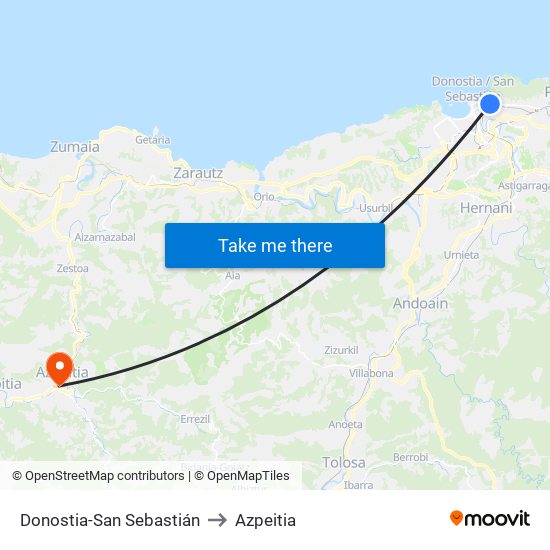 Donostia-San Sebastián to Azpeitia map