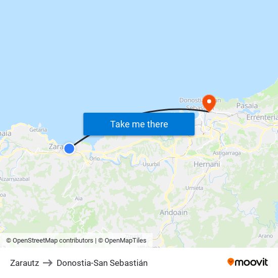 Zarautz to Donostia-San Sebastián map