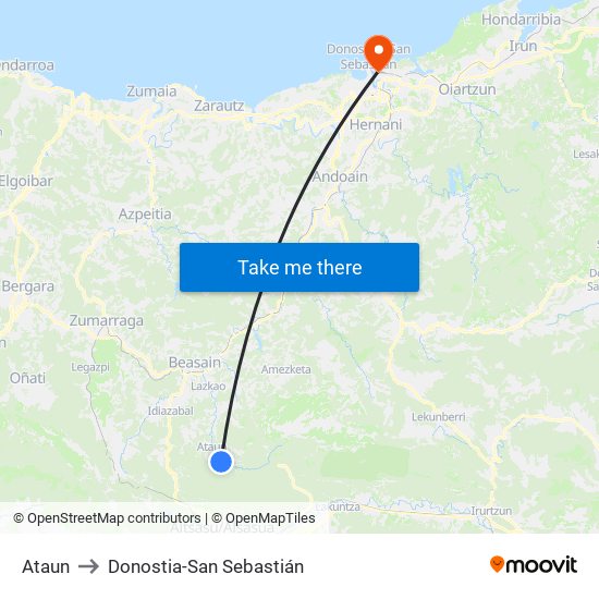 Ataun to Donostia-San Sebastián map