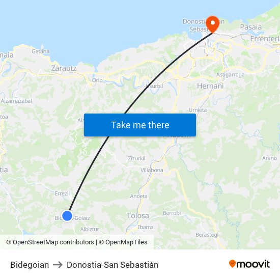 Bidegoian to Donostia-San Sebastián map