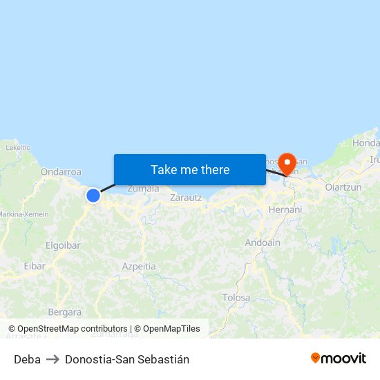 Deba to Donostia-San Sebastián map