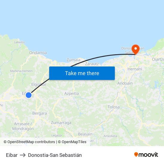 Eibar to Donostia-San Sebastián map