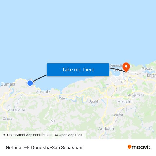 Getaria to Donostia-San Sebastián map