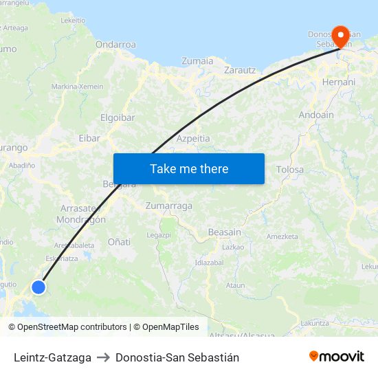 Leintz-Gatzaga to Donostia-San Sebastián map