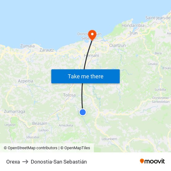 Orexa to Donostia-San Sebastián map