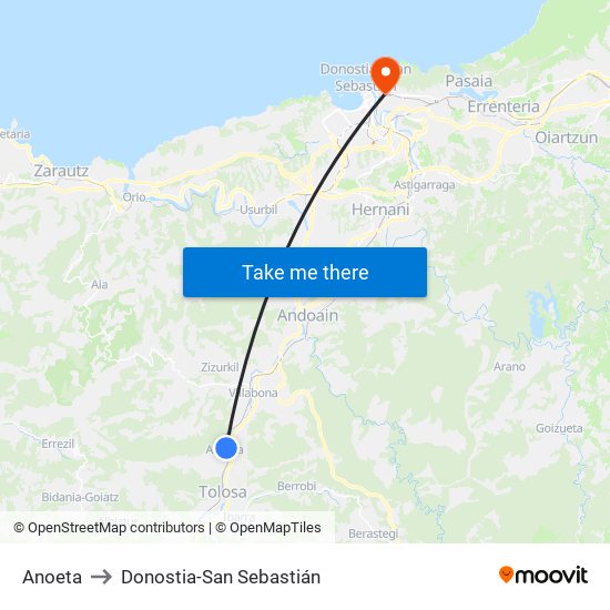 Anoeta to Donostia-San Sebastián map