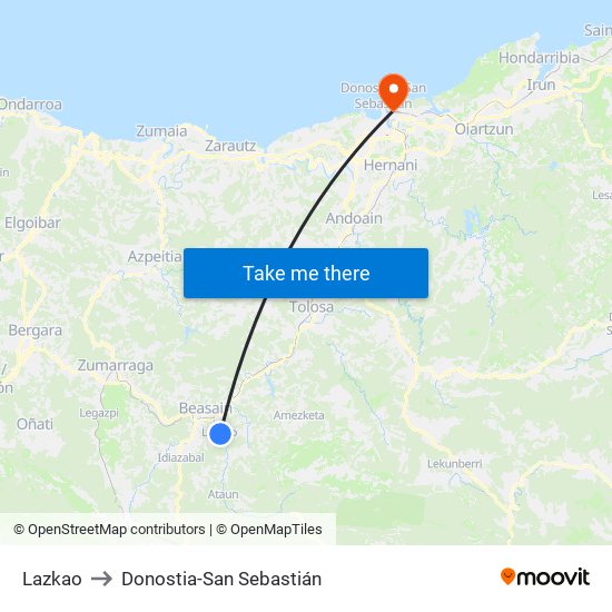 Lazkao to Donostia-San Sebastián map