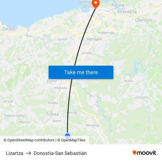 Lizartza to Donostia-San Sebastián map