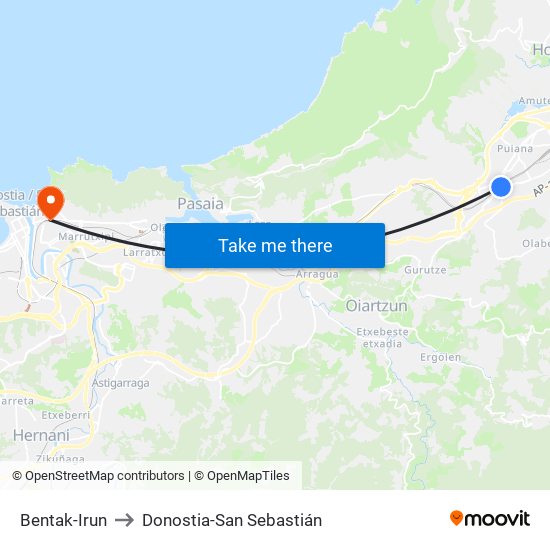 Bentak-Irun to Donostia-San Sebastián map