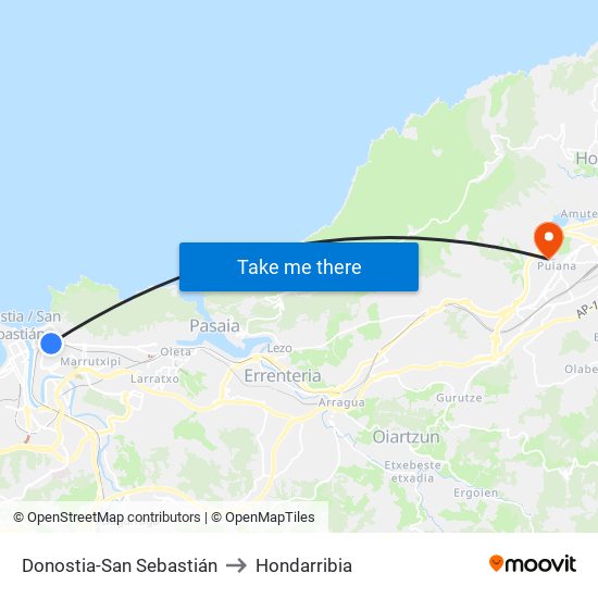 Donostia-San Sebastián to Hondarribia map