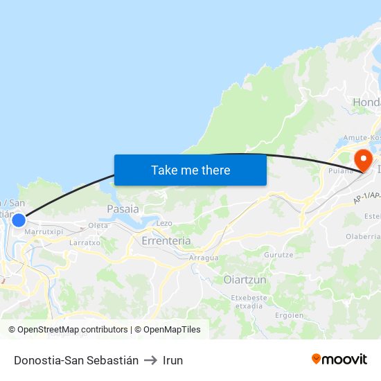 Donostia-San Sebastián to Irun map
