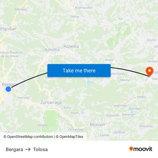 Bergara to Tolosa map