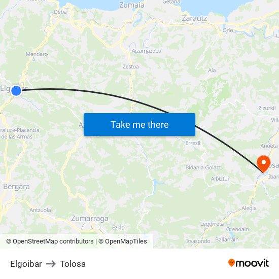 Elgoibar to Tolosa map