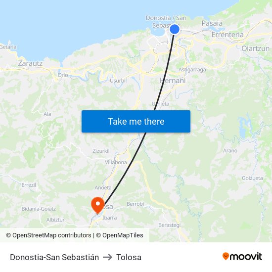 Donostia-San Sebastián to Tolosa map